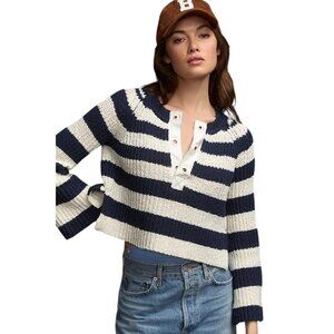 Anthropologie Pilcro Striped Cropped Henley Sweater Navy Cream XXS